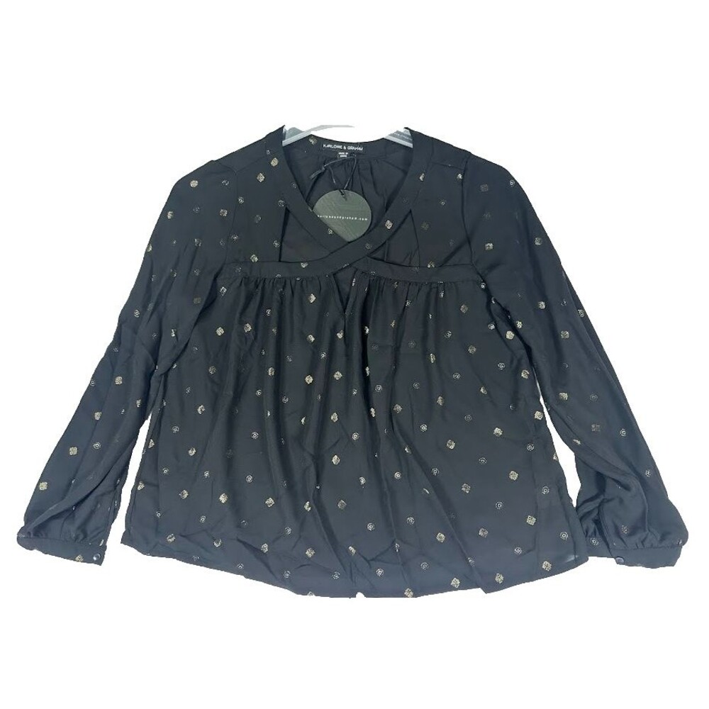 Harlowe & Graham Black Chiffon Metallic Gold Geometric Print Top Blouse S NEW